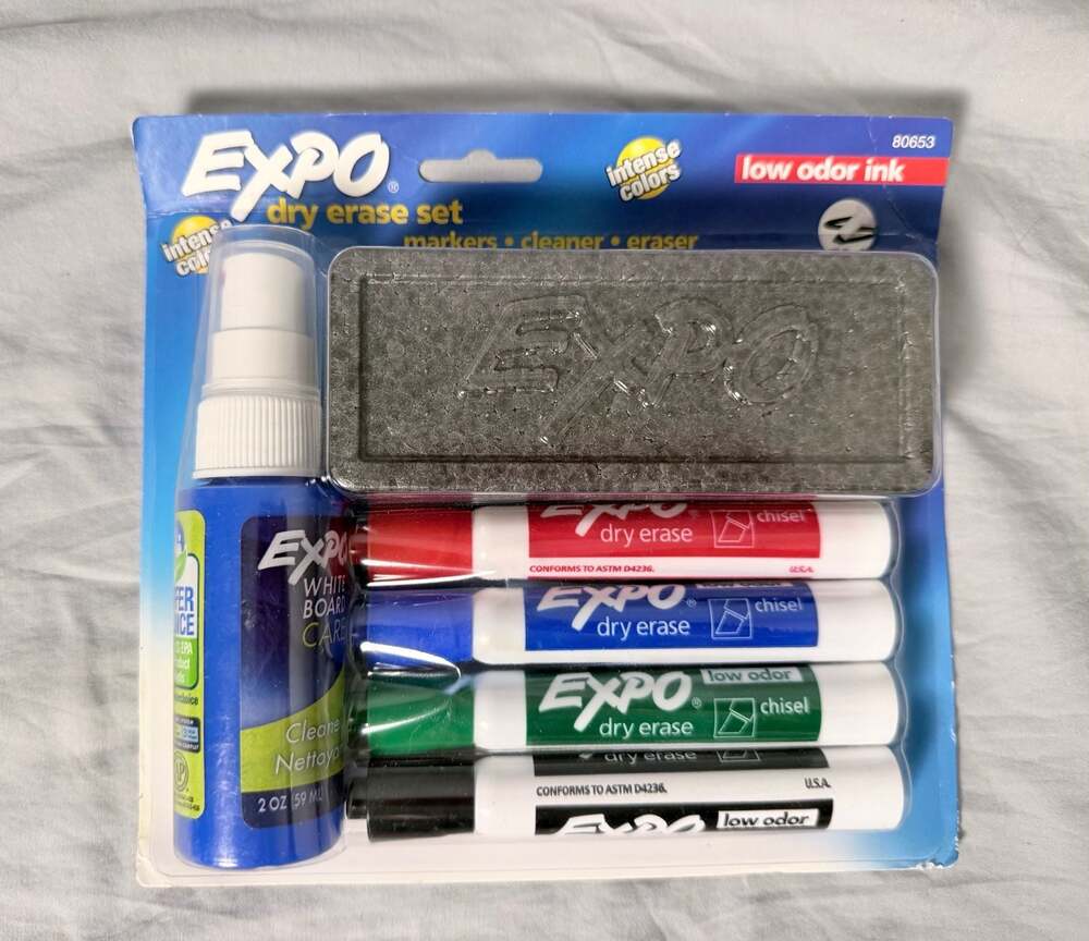 Expo Dry Erase Set with 4 Chisel Tip Markers, Cleaner, and Eraser (Model 80653)